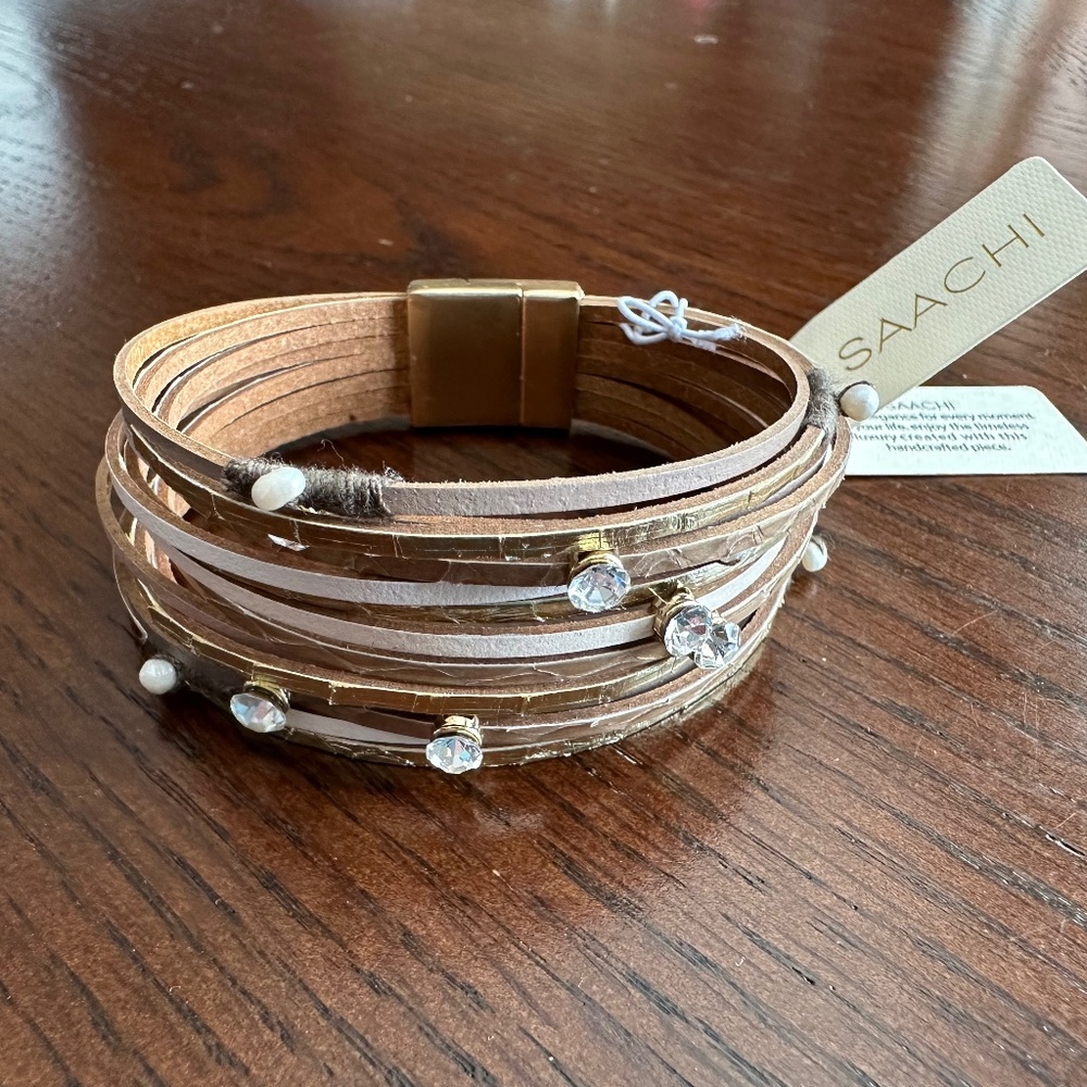 Saaachi Stacked Leather bracelet with Rhinestone & Pearl Accents